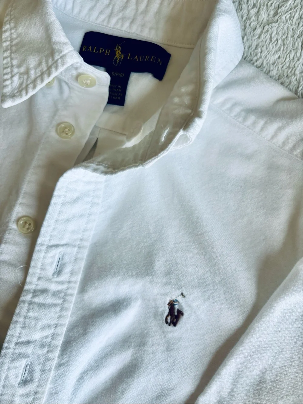 Ralph Lauren White Oxford Button-Up Shirt with Navy Logo Tag